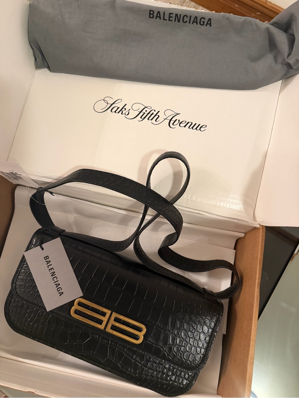 Balenciaga Black Croc-Embossed BB Crossbody with Gold Hardware - Picture 1 of 1